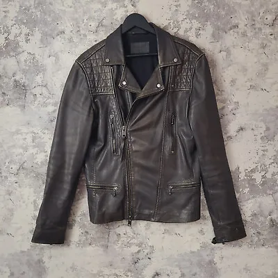 Buy ALLSAINTS CONROY Leather Jacket Brown Mens Small  Moto Biker Zip Snap Button • 89.95£