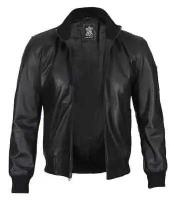 Buy Men's Black Cowhide Leather Bomber Jacket Free Ship • 75£