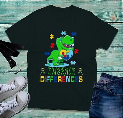 Buy Embrace Differences T-Shirt Dinosaur Puzzle Dino Disability Autism Awareness Top • 13.99£