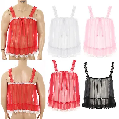 Buy UK Mens Undershirt Lace Trim Underwear Ruffle Straps Top Clubwear Sissy Shirt • 11.86£
