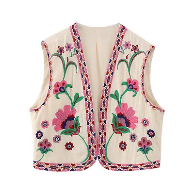 Buy Women's Boho Vintage Floral Vest Coat Embroidery.Waistcoat.Short Cardigan Jacket • 12.99£