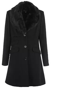 Buy De La Creme Cashmere Wool Jacket Faux Fur Collar Black/charcoal Winter Coat • 49.95£