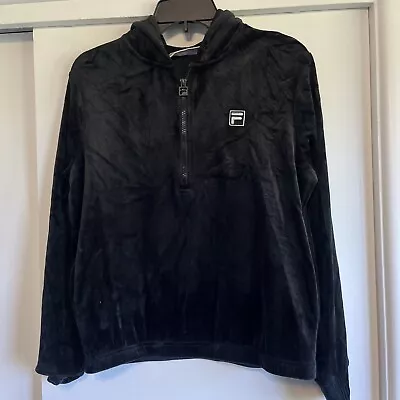 Buy Womens FILA Velvet Velour Athletic Pullover Hoodie Jacket Small Black Pockets • 18.90£
