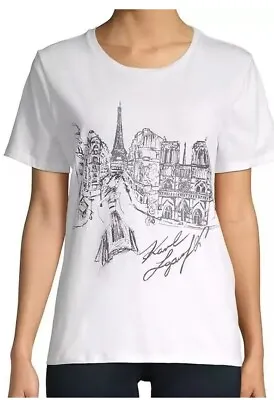 Buy New Karl Lagerfeld Women Eiffel Tower Notre Dame Cathedral White T Shirt Size XS • 45.43£