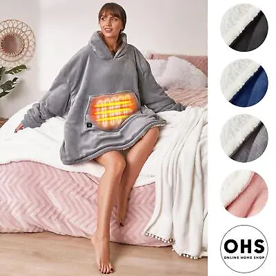 Buy OHS Electric Heated Oversized Hoodie Blanket With Sleeves Wearable Sherpa Giant • 20.99£
