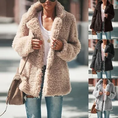 Buy Womens Fleece Fur Fluffy Cardigan Casual Teddy Bear Coat Jacket Lightweight Tops • 15.99£