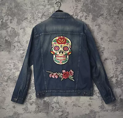Buy Skull Denim Jacket Y2K Vintage Mexican Day Of Dead Medium Blue Pockets Unisex • 19.95£
