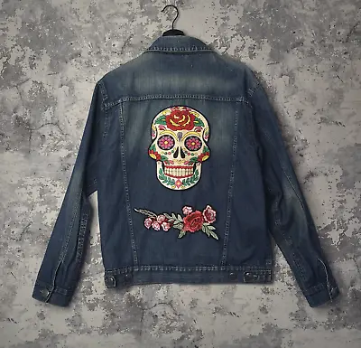 Buy Vintage Skull Denim Jacket Y2K Mexican Day Of Dead Medium Blue Pockets Unisex • 21.95£