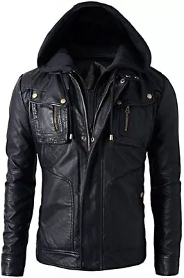 Buy Mens Slim Fit Hooded Biker Leather Jacket XL • 69.99£