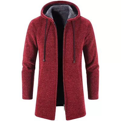 Buy Mens Knit Fleece Jacket Hoodie Full Zip Winter Warm Cardigan Trench Long Coat UK • 23.69£