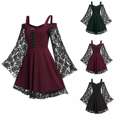 Buy Plus Size Women Victorian Gothic Mini Dress Cold Shoulder Lace Up Tops UK 18-26 • 3.19£