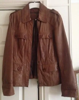 Buy John Rocha Designer Ladies Fitted Collared Leather Jacket In Tan Size 10 • 50£