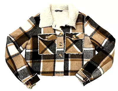 Buy SHEIN Sherpa Crop Jacket Size Small Black Tan White Plaid Long Sleeves Pockets • 18.38£