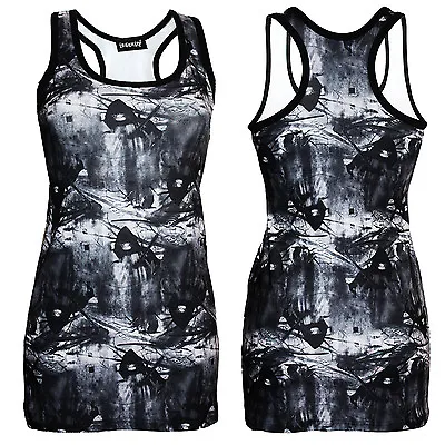 Buy Ladies Gothic All Over Grim Reaper Skull Bats Crow Print Long Vest Top Fashion • 21.99£