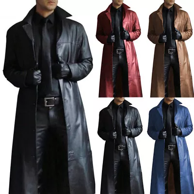 Buy Mens Leather Windbreaker Long Trench Jacket Coat Retro Slim Fit Overcoat Fashion • 35.02£