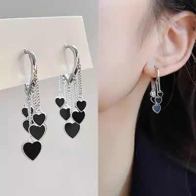 Buy Fashion Black Heart Tassel Stud Earrings HooP Drop Dangle Women Jewelry Party UK • 4.49£
