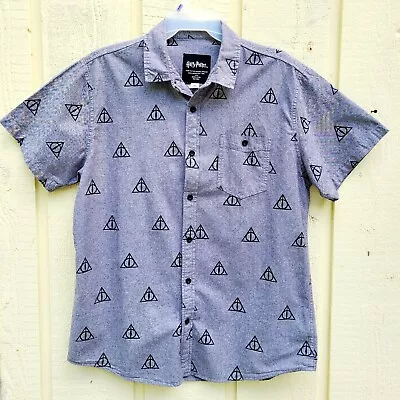 Buy Harry Potter Mens Gray Deathly Hallows Symbols Button-Up Shirt Size XL • 17.02£