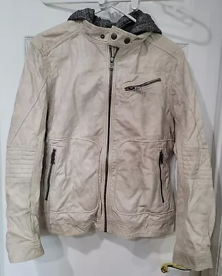 Buy Express Mens Ivory Faux Leather Hooded Bomber Jacket W/ Zip Out Knit Liner SZ. S • 25.57£