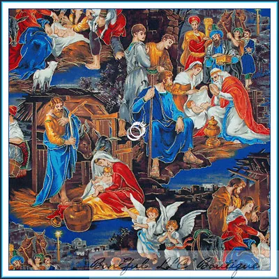 Buy BonEful Fabric FQ Cotton L Manger Baby Jesus Xmas Scenic Nativity Gold Bethlehem • 19.14£