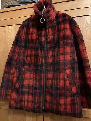Buy Vintage Red Black Check Lumberjack Trucker Faux Fur Fleece Zip Unisex Size L • 24.50£