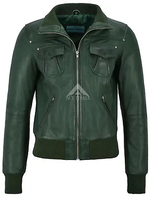 Buy 'FUSION' Ladies Leather Jacket Green WASHED Short Bomber Biker Style 3758 • 93.66£