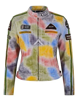 Buy SIZMA Ladies Leather Jacket Multicolored Tie-dye Waxed Biker Racer Style Jacket • 119.99£