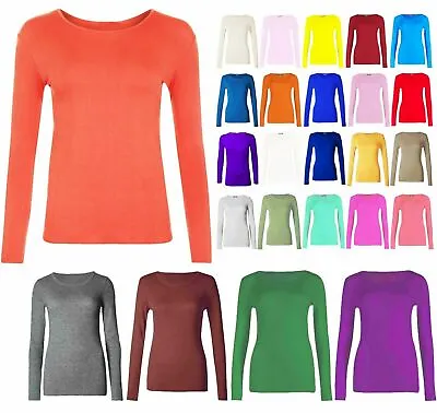 Buy Ladies Women Long Sleeve Crew Neck Basic Plain Stretch Top T-Shirt PLUS SIZE *Rn • 5.99£