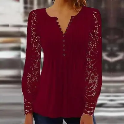 Buy Women's Lace V-Neck Tops T-Shirts Ladies Long Sleeve Casual Blouse Tee Plus Size • 16.45£