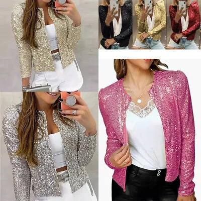 Buy UK Women Glitter Sequin Short Coat Jacket Ladies Blazer Fashion Party Outwear • 12.38£