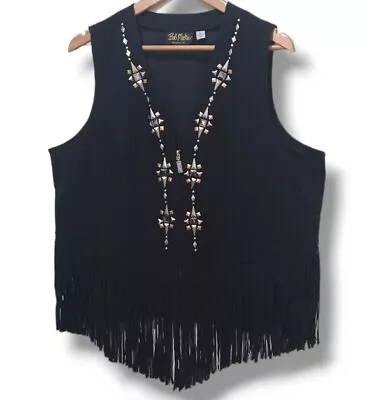 Buy Bob Mackie Sz XL Faux Suede Zip Studded Black Fringe Rodeo Womens Festival Vest • 20.78£
