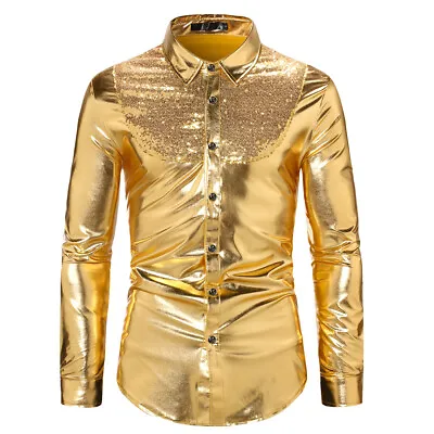 Buy Mens Sequin Shirt Party Nightclub Dance T-Shirt Long Sleeve Shiny Button Tops • 15.66£