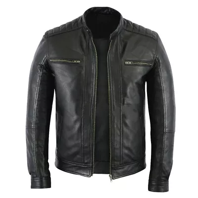 Buy Men's Cafe Racer Vintage Black Real Leather Slim Fit Retro Real Biker Jacket • 58.77£