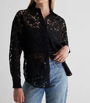 Buy Express Portofino Button Up Shirt Top Women XS Black Lace Open Knit Goth Romanti • 23.65£