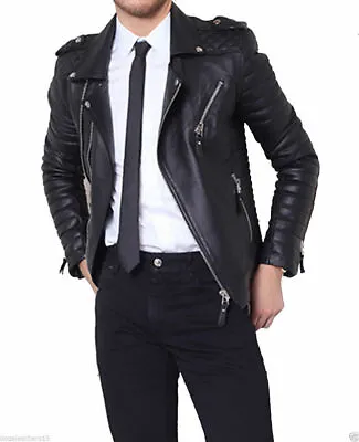 Buy New Stylish Men's Black Genuine Leather Jacket Slim Fit Biker 370 • 120.78£