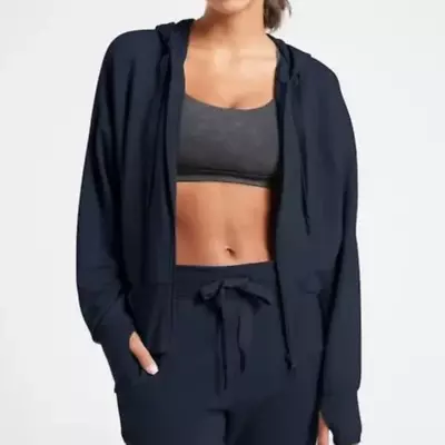 Buy Athleta Balance Sweatshirt Navy Blue Zip Front Drawstring Hoodie Thumbholes • 42.52£
