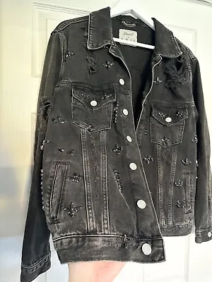 Buy Dark Grey Embelished Denim Jacket Size M/10 • 8.99£