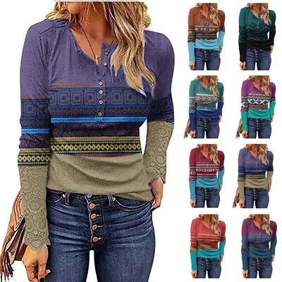 Buy Holiday Ladies Print Lace Blouse Long Sleeve Fitted T-shirt Tops Button V Neck • 9.69£