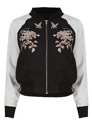 Buy New Ladies Full Zip Floral Embroidered Satin Bomber Jacket Sizes 8-18 • 13.95£
