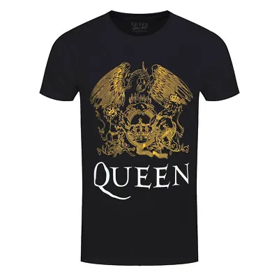 Buy Queen T-Shirt Gold Crest Rock Band Official Black New • 14.95£