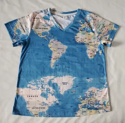 Buy Pixie Lady  Shirt Size M Map Of The World Blue Short Sleeve V-neck • 12.12£