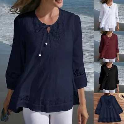 Buy Womens Plain 3/4 Sleeve V Neck Blouse T Shirt Ladies Summer Casual Lace Tops UK • 12.79£