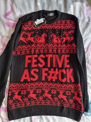 Buy Mens Boohoo Christmas Jumper Festive As F *** Black Red Small Bnwt • 7.99£