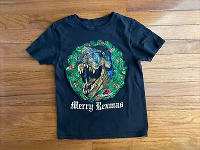 Buy Boys JURASSIC WORLD Black Merry Rexmas TRex Dinosaur Christmas Shirt Size Small • 11.05£