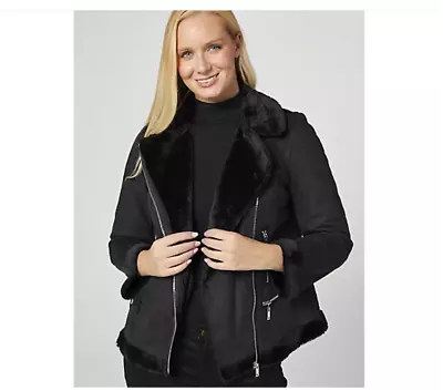 Buy BNWT Faux Suede & Faux Fur Biker Jacket By Nina Leonard Black Size XS • 27.99£
