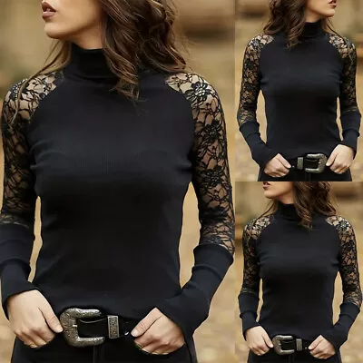 Buy Women Lace Gothic T-Shirt Tops High Neck Long Sleeve Slim Steampunk Blouse Tee • 3.19£