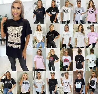 Buy Women's Short Sleeve Paris Slogan Printed T-Shirts Ladies Oversized Summer Tops • 9.95£