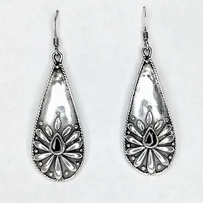Buy Vtg 925 Solid Sterling Silver Teardrop Floral Onyx Gemstone Drop Dangle Earrings • 77.84£