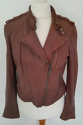 Buy M&S INDIGO - Soft REAL LEATHER Jacket Biker Style Dark Tan Size 12 • 59.99£