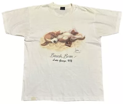 Buy Vintage Cute Puppy Beach Bum Lake George NY Single Stitch T Shirt L • 15£
