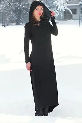 Buy PERFINA Stylish Long Black Dress Extravagant Long Gown With Hood By SUPERTANYA • 95.55£